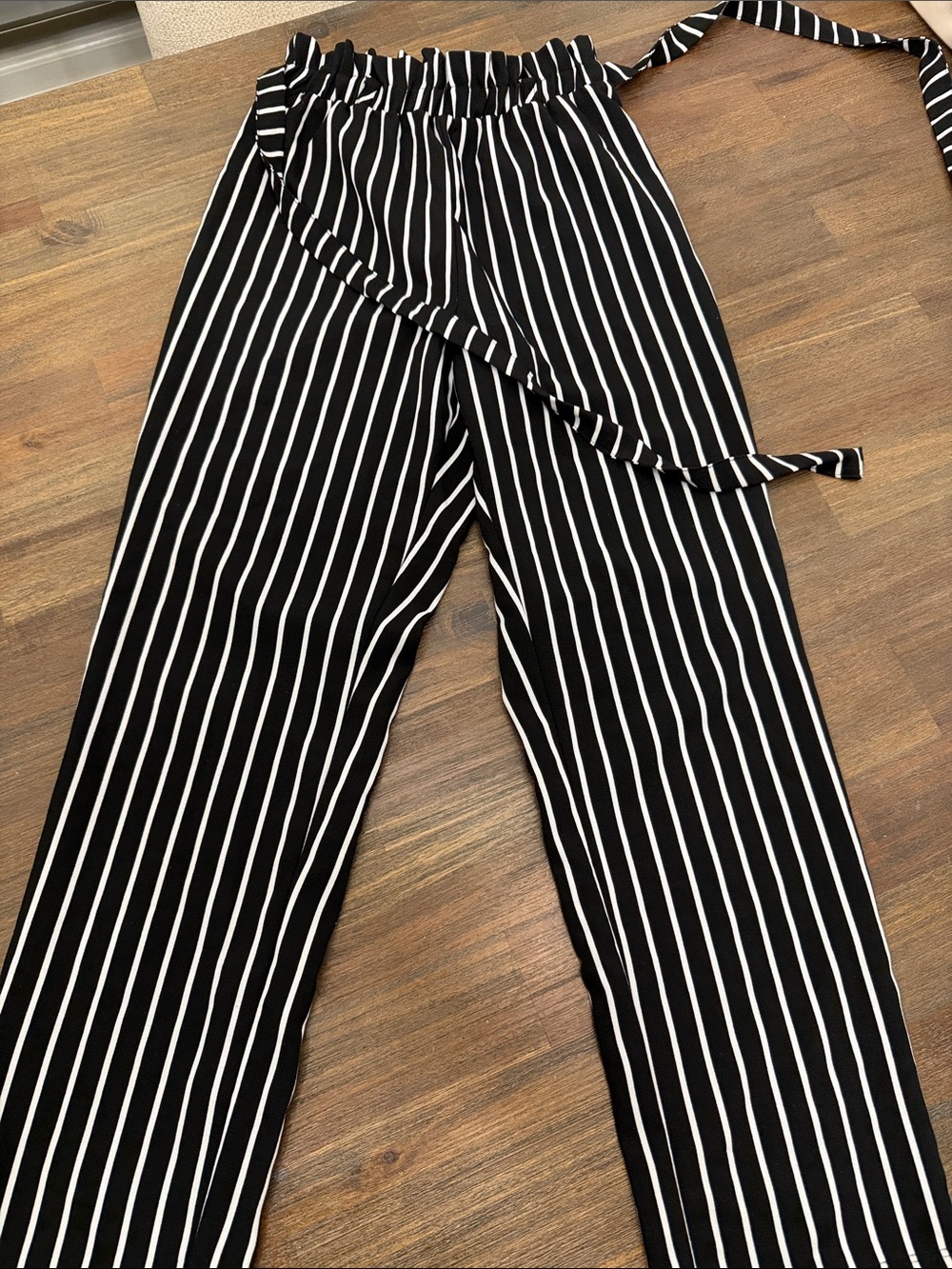 Black and White Vertical Stripe Paperbag Waist Pants